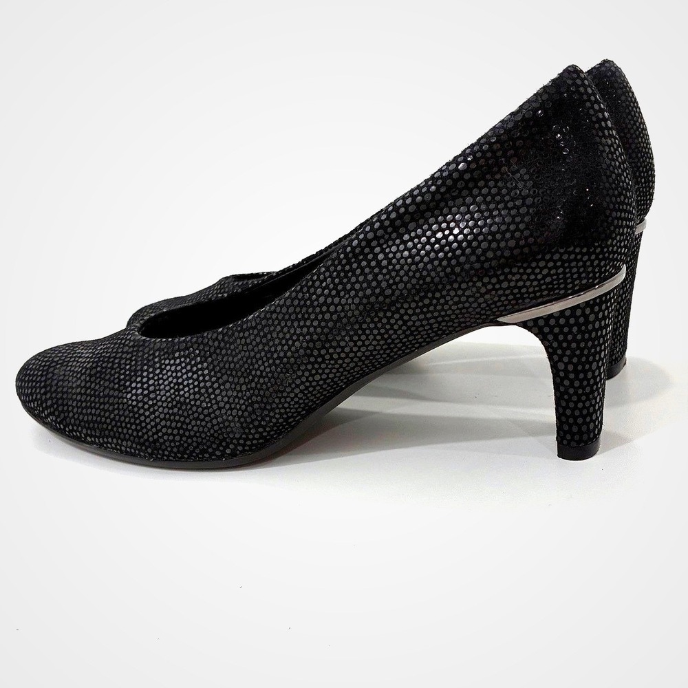 Van Eli Designer Black Suede & Patent Micro Dot Pumps Silver Trim Heel 7.5 M